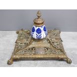 Antique brass and blue porcelain desk inkwell