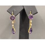 Ladies 9ct gold Antique Amethyst and Pearl drop earrings