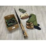 Fishing equipment including waders, rods, boots and bag