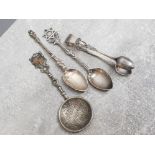 Moorish design white metal Mallorca spoon together with silver sugar tongs, israel sterling spoon