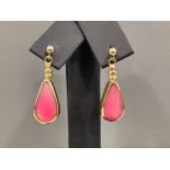 Ladies 9ct gold Pink stone drop earrings.