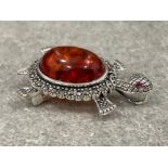 Silver and Amber style Turtle pendant/brooch with Marcasites stamped 925