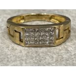 Gents 9ct gold Diamond ring. Featuring 24 princess cut diamonds approx .60ct 4.15g size T