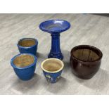 Garden birdbath and 4 ceramic plant pots