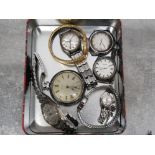 Tin of mixed brand wristwatches plus 1 pocket watch, includes Sekonda, Summit, citron etc