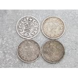 4 silver india 1/4 rupees coins, George V and George VI, dated 1916, 1917, 1939 and 1941