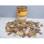 Vintage coin money bank tin containing 1.6KG of old irish coins