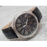 Timepiece moon calendar wristwatch with black leather straps and original box, in good working