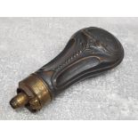 19th century military copper and brass powder flask, 11cm in length