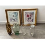 2 framed pictures and 3 vases and drinks dispenser