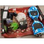 Box of miscellaneous items including electric self balancing scooter/board, table lamps, solar light