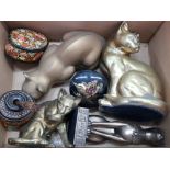Box of cat ornaments of which 2 are heavy brass and oriental style boxes etc