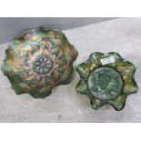 Fenton green holly carnival glass fluted dish together with fenton 7inch grape and vine fluted bowl