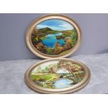 2 oval shaped oil on board paintings, scenes of river and lake, indistinct signature, 23½" wide