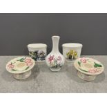 Pair Maling candle holders and 3 Royal Worcester bud vases