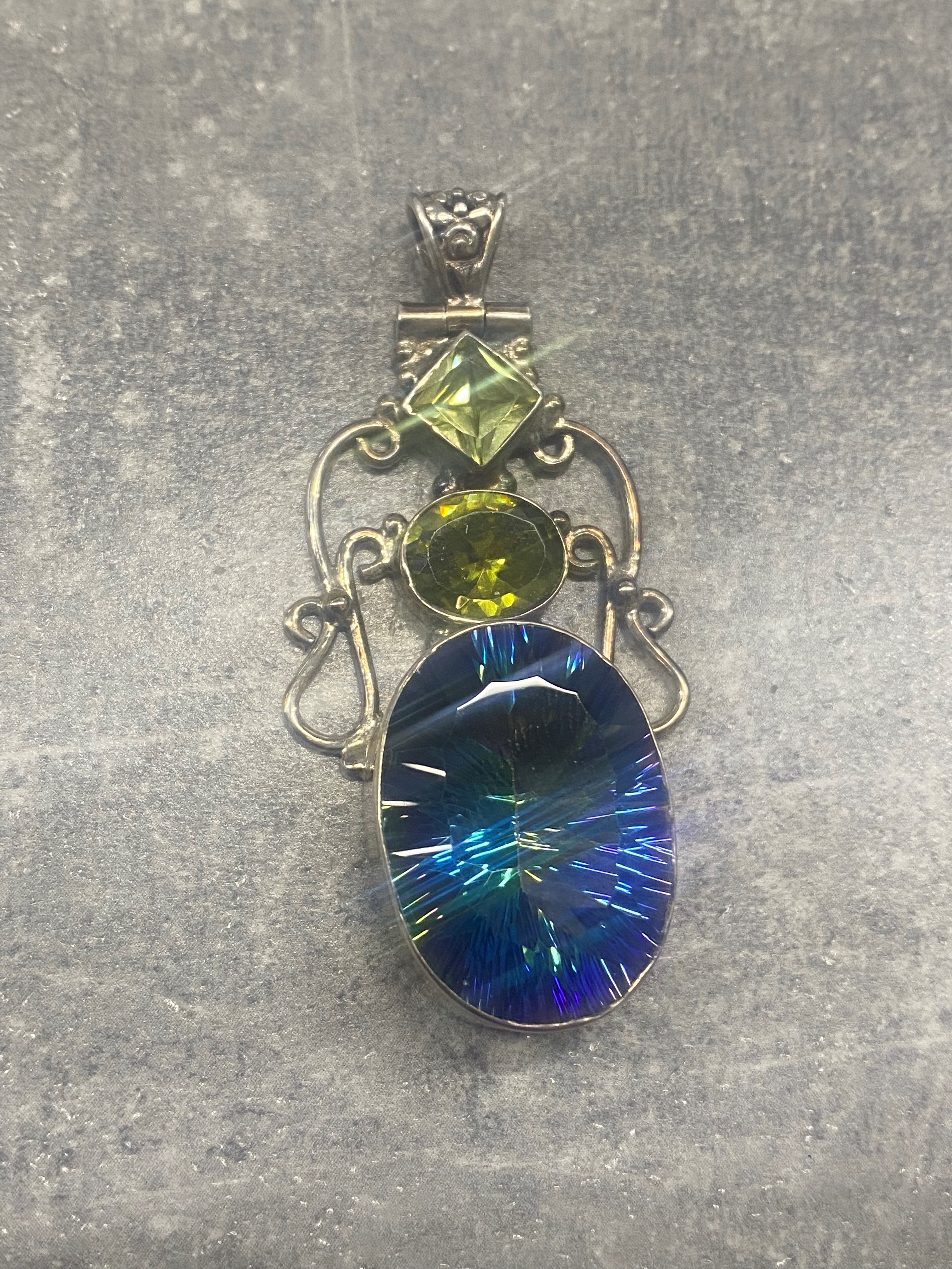 Silver, rainbow quartz and green quartz pendant