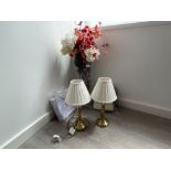 Pair of brass effect table lamps, large glass vases with flowers and Links london bags