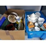 2 boxes of mixed china pieces includes boxed ringtons plates, falcon ware dish, cottage ware