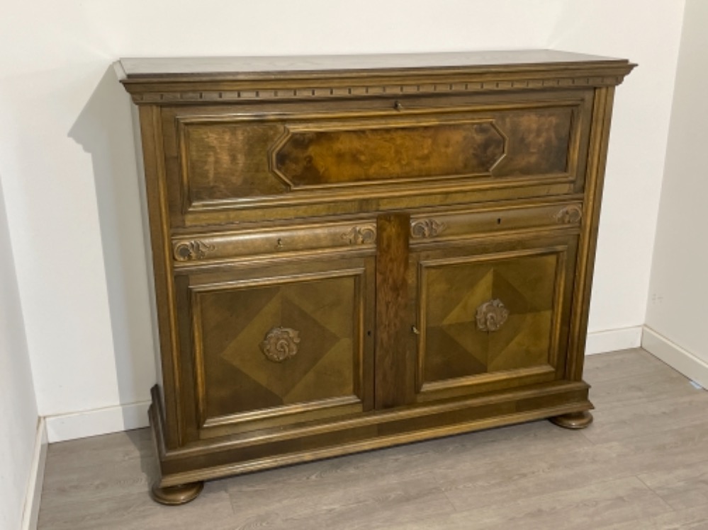 Danish heavily carved oak side board bureau with keys