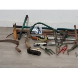 Variety of vintage garden tools including hedge cutters, hand forks, hoe and 2 sickle's etc