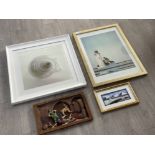 3 framed pictures and wood carving