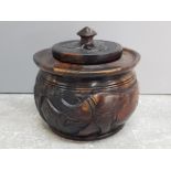 Heavily carved wooden tobacco jar with lid, animal design, diameter 10cm x Height 8cm