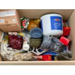 Box of miscellaneous items including Denby, Tetley tea items, Martini ice bucket and more