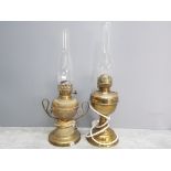 2 brass oil lamps converted electricity - with glass original chimneys