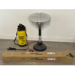 Outdoor gas heater along with unopened awning and water portable washer