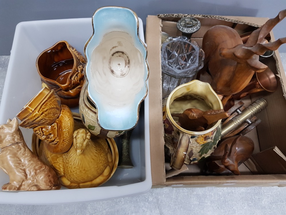 2 boxes of miscellaneous china and ornaments including maling lustre vase, sylvac dog, wooden