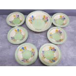 7 piece fruit set of Royal Staffordshire spring crocus by Clarice Cliff Bowls, 1 large and 6 single