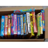 Box containing 15 vintage Hoopla games, titles include Disney, fireman Sam, Rosie and jim