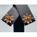 Ladies 9ct gold Pink stone flower cluster stud earrings. Featuring 5 pink tourmalines