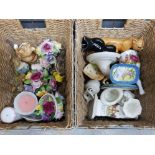 2 baskets of cabinet pieces including porcelain flower baskets, crested ware, Royal Worcester pin