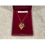 9ct gold basket of flowers pendant set with sapphire, emerald and ruby on 9ct gold chain