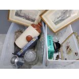 2 boxes of misc including stoneware waterbottle, glass ware, 2 framed prints, minature miners lamp