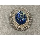 Foreign silver oval blue stone Filigree brooch