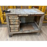 Large vintage wooden workbench fitted with 6 drawers and metal vice 121x68x93cm