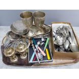 Tray of silverplated items includes basket, pair of goblets together with pair of metal shakers in