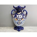 Large vintage Staffordshire twin handle vase, with blue, white and gold floral design, height 37cm