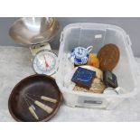 Box of miscellaneous including hand painted carved wooden bowl, tea pot, kitchen scales etc