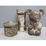 3 vintage metal money boxes, teddy bear, postbox and carousel