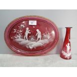 Mary Gregory style cranberry glass dressing table tray and vase, tray has repair, 27cm long.