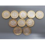 10 very sought after 2 pound coins including Magna carta, great fire of London, Shakespeare.