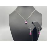 Ladies 9ct white gold Pink topaz and diamond drop earrings and pendant and chain