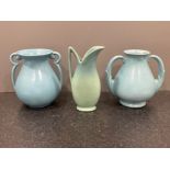 2 x American “Stangle” mid century blue turquoise 2 handled vases in perfect condition and also