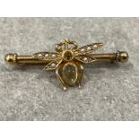 Antique gold Gem and pearl set bug fly brooch. Set with seed pearls and amber. In excellent