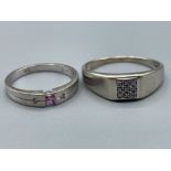 2 x 9ct white gold diamond rings. Featuring a round pink stone with round brilliant cut diamonds