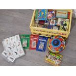 Box of vintage card packs mainly novelty also includes Chad Valley tin toy spinner etc