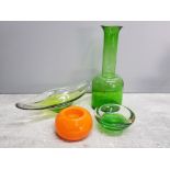 Geode Green cased clear Murano Nut dish with similar long dish, 1960s orange votive plus gull type